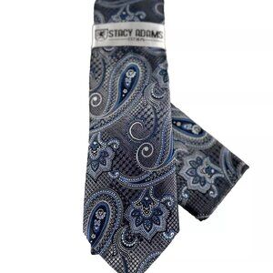 Stacy Adams Men's Tie Hanky Silver Cobalt Blue Charcoal Gray Paisley 3.25" Wide